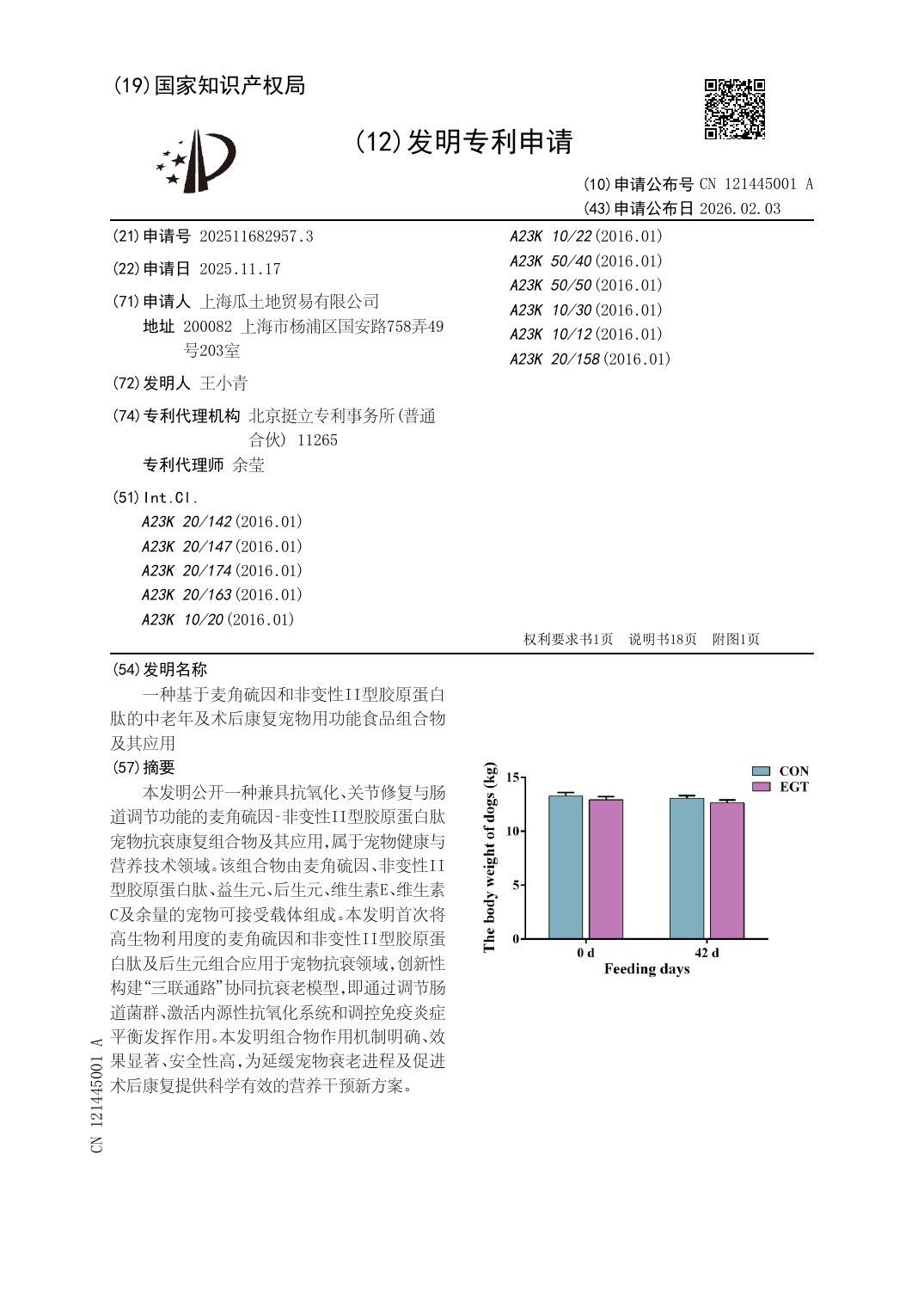 PATENT APPLICATION / 特許出願: エルゴチオネインと非変性II型コラーゲンペプチドを用いた、シニア期および術後回復期のペット向け機能性食品組成物とその応用